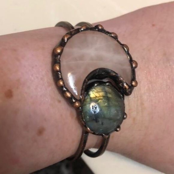 Boho Rose Quartz Statement Moon Copper Tone Cuff Bracelet - Picture 6 of 7